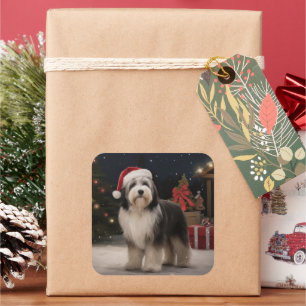 Tibetan Terrier Dog in Snow Christmas Square Sticker