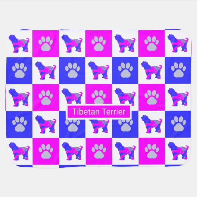 Tibetan Terrier Dog & Paw Hot Pink and Blue Baby Blanket (Horizontal)