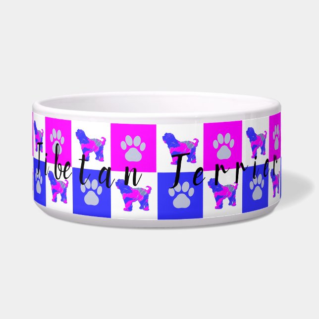 Tibetan Terrier Dog & Paw Hot Pink & Blue Pet Bowl (Front)