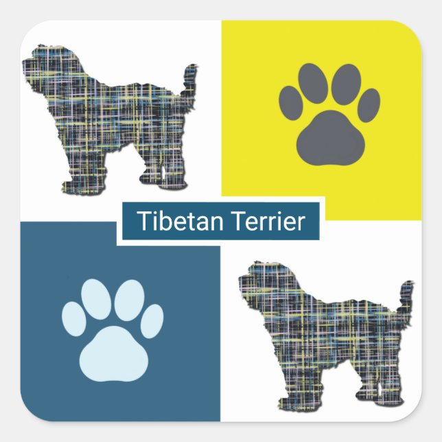 Tibetan Terrier Dog & Paw Y&B Grid Square Sticker (Front)