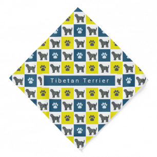 Tibetan Terrier Dog & Paw Yellow & Blue Grid Bandana