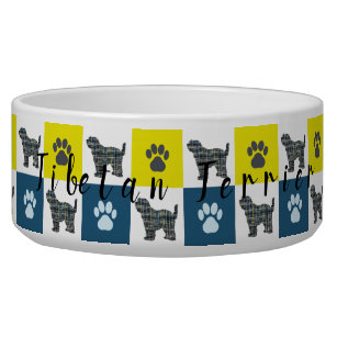 Tibetan Terrier Dog& Paw Yellow&Blue Grid Dog Bowl