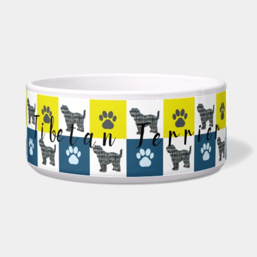 Tibetan Terrier Dog Paw YellowBlue Grid Dog Bowl