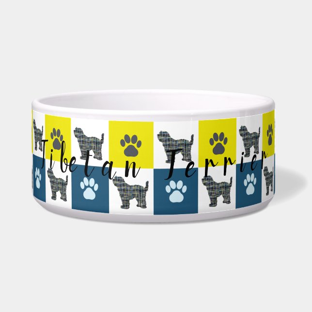 Tibetan Terrier Dog& Paw Yellow&Blue Grid Dog Bowl (Front)