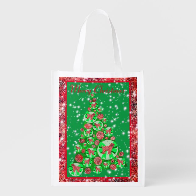 Tibetan Terrier Dog Silhouette Merry Christmas Grocery Bag (Front)