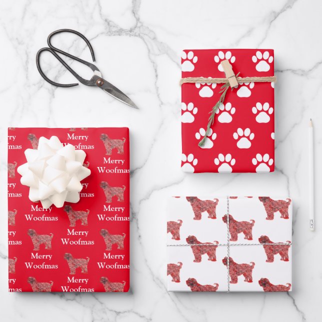 Tibetan Terrier Dog Silhouette Red Merry Woofmas Wrapping Paper Sheets (Front)