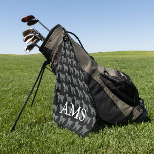 Tibetan Terrier Dog Silhouette Y&B Grid Black Golf Towel