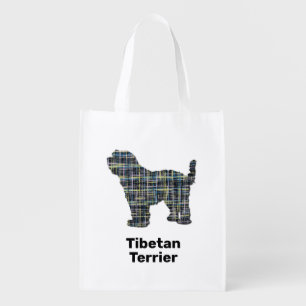 Tibetan Terrier Dog Silhouette Yellow & Black Grid Grocery Bag