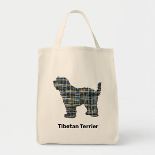 Tibetan Terrier Dog Silhouette Yellow & Black Grid Tote Bag