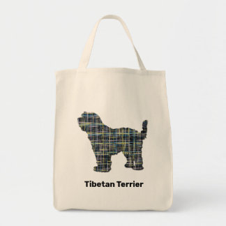 Tibetan Terrier Dog Silhouette Yellow & Black Grid Tote Bag