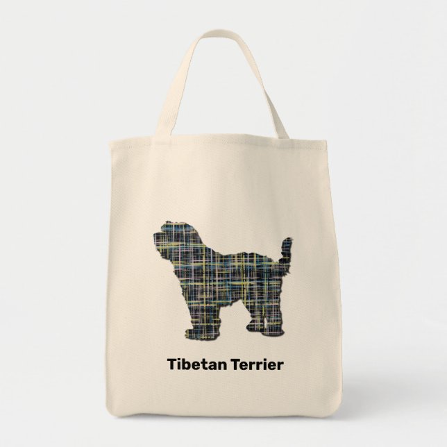 Tibetan Terrier Dog Silhouette Yellow & Black Grid Tote Bag (Front)