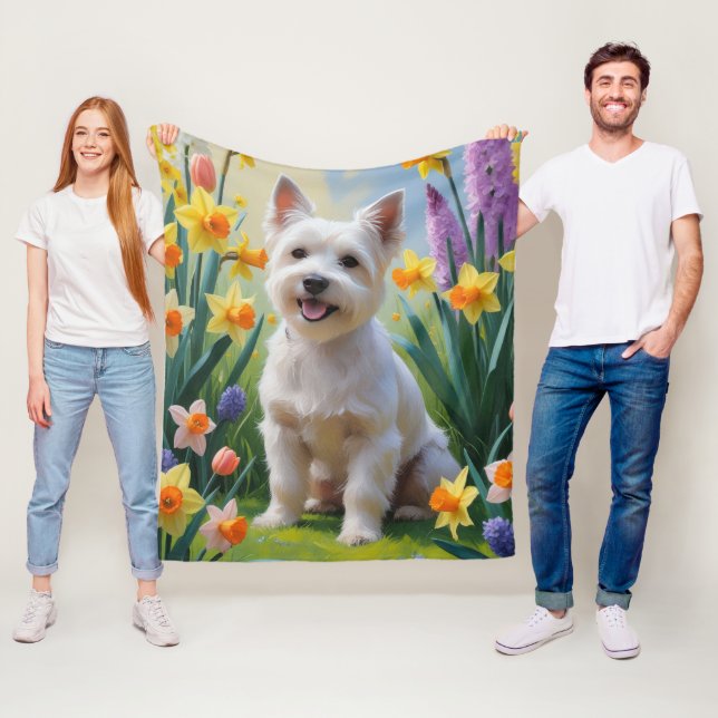 Tibetan Terrier Dog Spring Flowers Painting Fleece Blanket (In Situ)