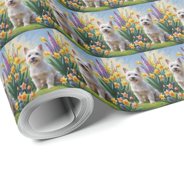 Tibetan Terrier Dog Spring Flowers Painting Wrapping Paper (Roll Corner)