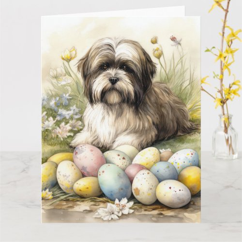 Tibetan Terrier Dog with Easter Eggs Holiday Card