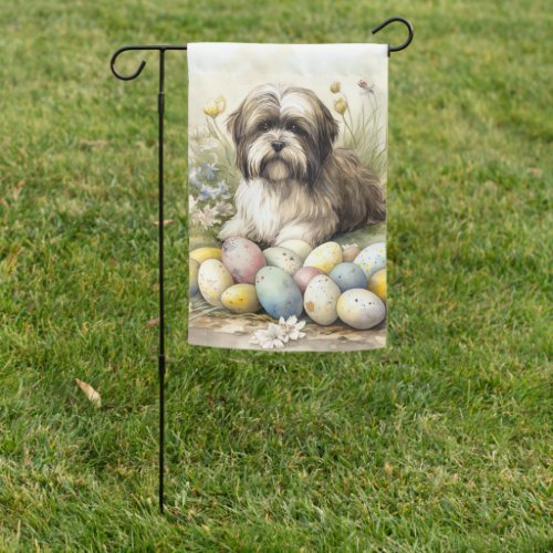 Tibetan Terrier Dog with Easter Eggs Holiday Garden Flag