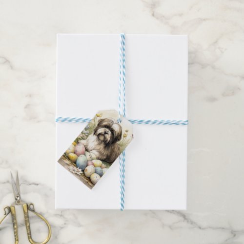 Tibetan Terrier Dog with Easter Eggs Holiday Gift Tags