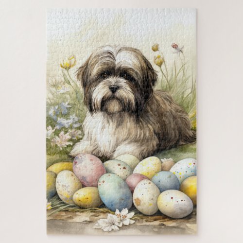 Tibetan Terrier Dog with Easter Eggs Holiday Jigsaw Puzzle