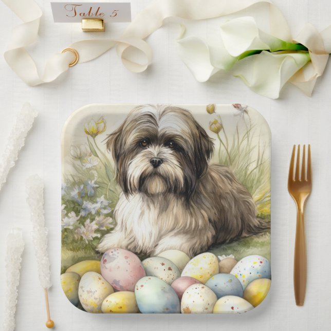Tibetan Terrier Dog with Easter Eggs Holiday Paper Plates (Wedding)