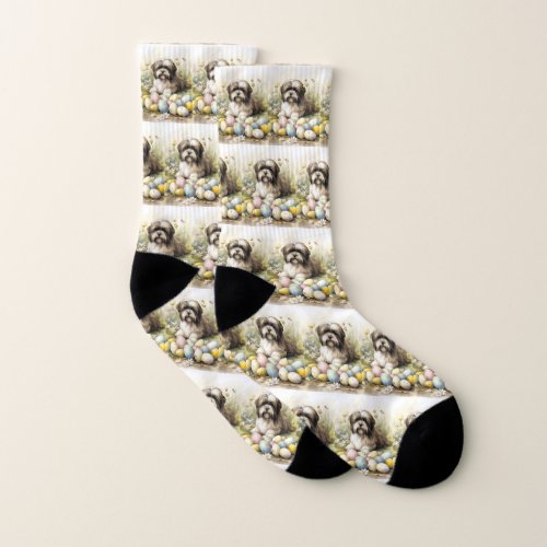 Tibetan Terrier Dog with Easter Eggs Holiday Socks