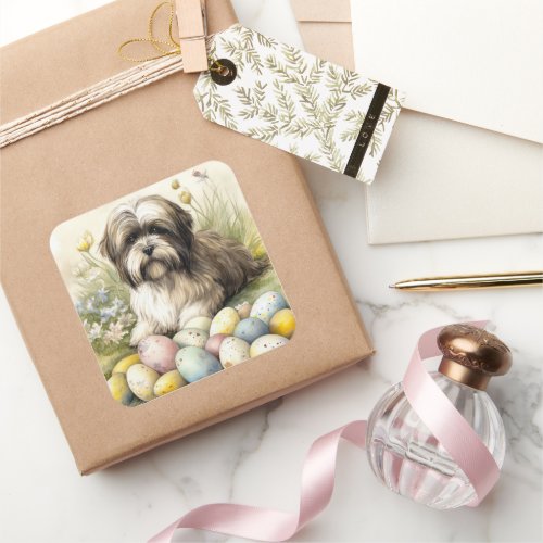 Tibetan Terrier Dog with Easter Eggs Holiday Square Sticker