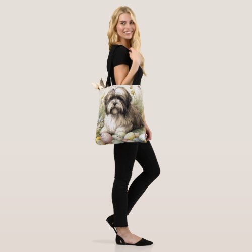 Tibetan Terrier Dog with Easter Eggs Holiday Tote Bag