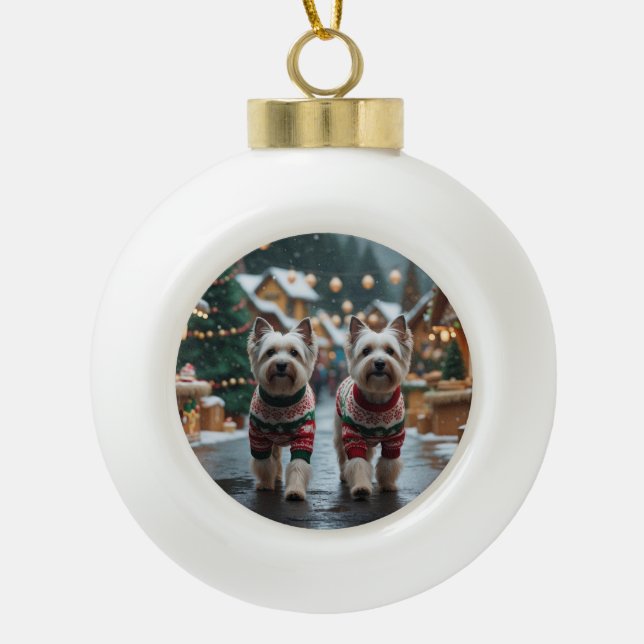 Tibetan Terrier Dogs Christmas Snow Holiday Ceramic Ball Christmas Ornament (Front)