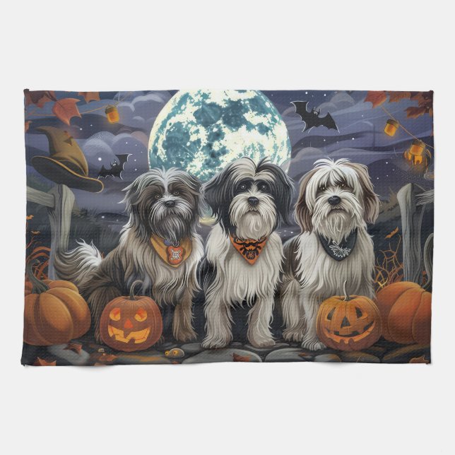 Tibetan Terrier Halloween Spooky Kitchen Towel (Horizontal)