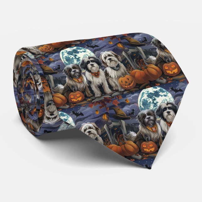 Tibetan Terrier Halloween Spooky Neck Tie (Rolled)