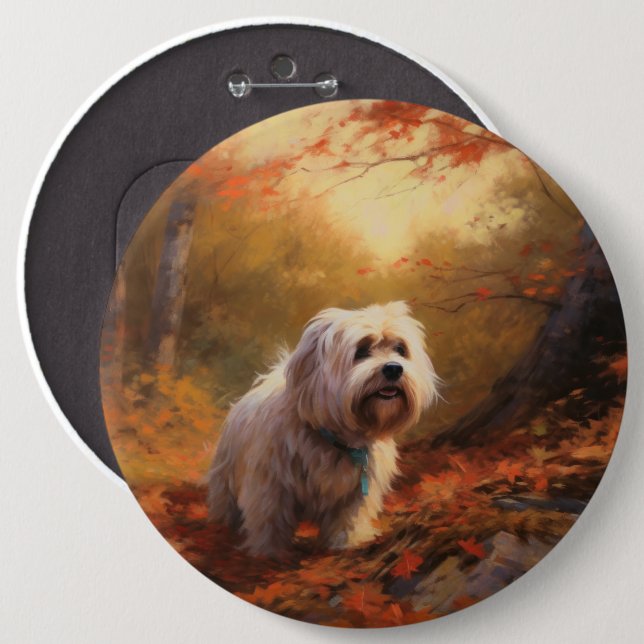 Tibetan Terrier in Autumn Leaves Fall Inspire  Button (Front & Back)