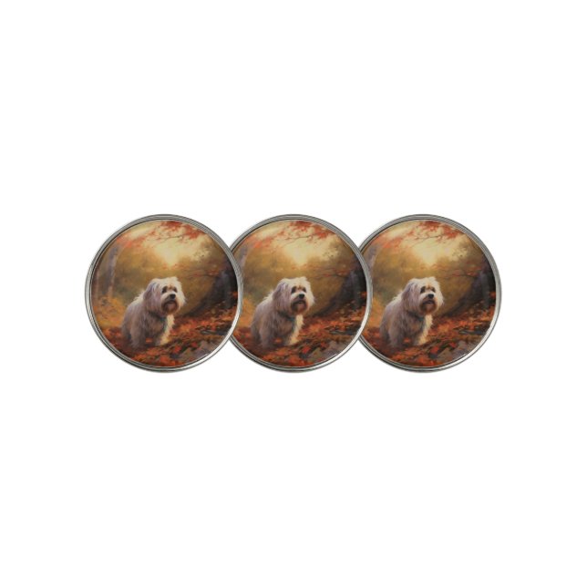 Tibetan Terrier in Autumn Leaves Fall Inspire  Golf Ball Marker (3 Up)