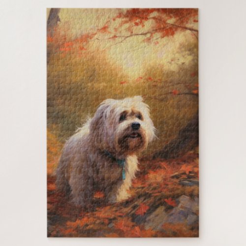 Tibetan Terrier in Autumn Leaves Fall Inspire  Jigsaw Puzzle