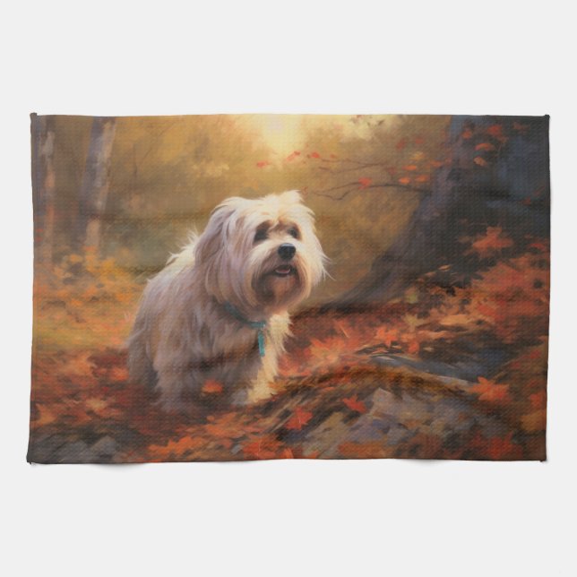Tibetan Terrier in Autumn Leaves Fall Inspire  Kitchen Towel (Horizontal)