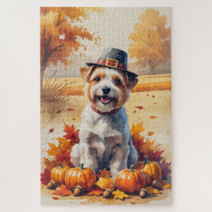Tibetan Terrier In Autumn Leaves Thanksgiving Art Jigsaw Puzzle