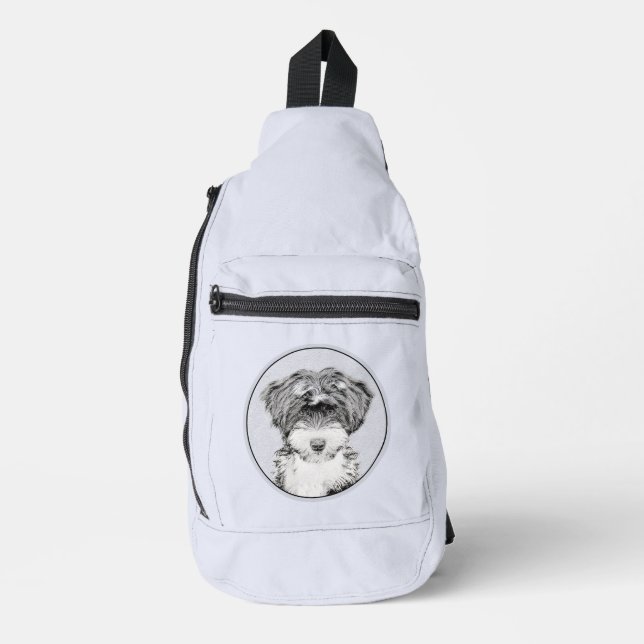Tibetan Terrier Painting Black and White Dog Art Sling Bag (Front)