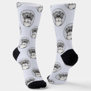 Tibetan Terrier Painting Black and White Dog Art Socks