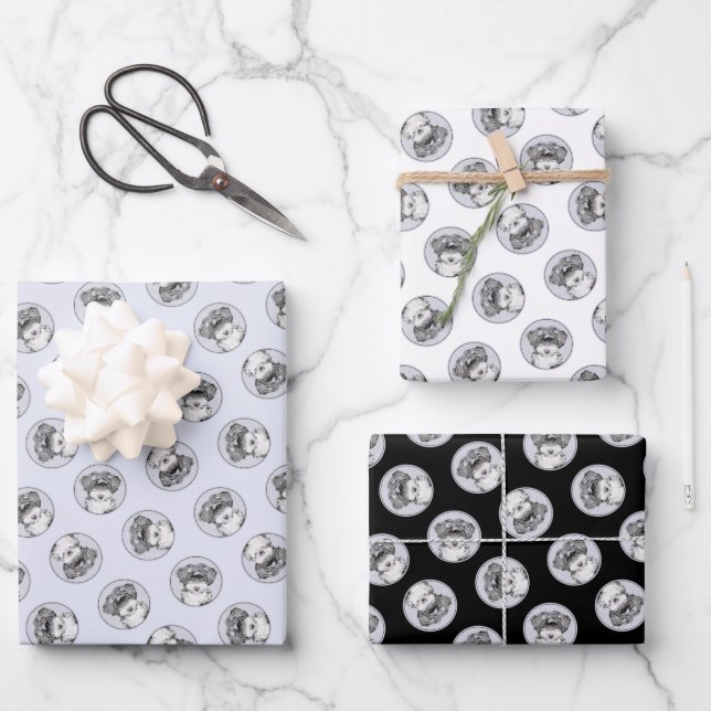 Tibetan Terrier Painting Black and White Dog Art Wrapping Paper Sheets (Front)