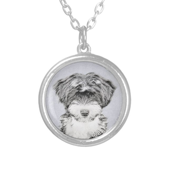 Tibetan Terrier Painting - Cute Original Dog Art Silver Plated Necklace (Front)
