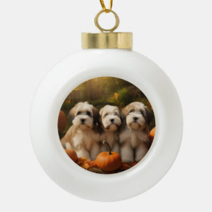 Tibetan Terrier Puppy Autumn Delight Pumpkin Ceramic Ball Christmas Ornament