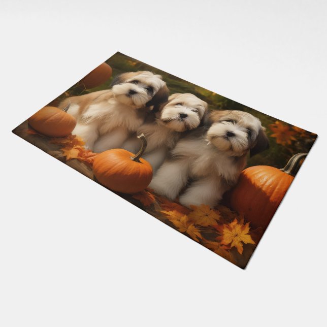 Tibetan Terrier Puppy Autumn Delight Pumpkin Doormat (Angled)