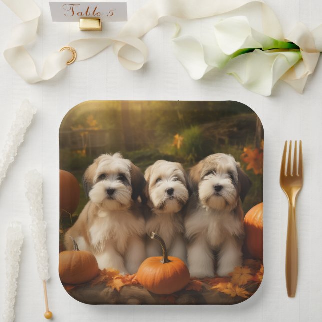 Tibetan Terrier Puppy Autumn Delight Pumpkin Paper Plates (Wedding)