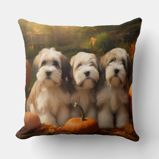 Tibetan Terrier Puppy Autumn Delight Pumpkin Throw Pillow (Front)