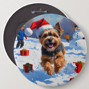 Tibetan Terrier Running in Snow with Christmas Hat Button