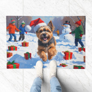 Tibetan Terrier Running in Snow with Christmas Hat Doormat