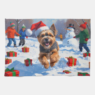 Tibetan Terrier Running in Snow with Christmas Hat Kitchen Towel