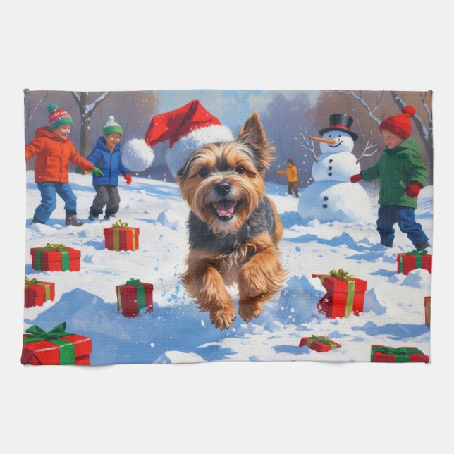 Tibetan Terrier Running in Snow with Christmas Hat Kitchen Towel (Horizontal)