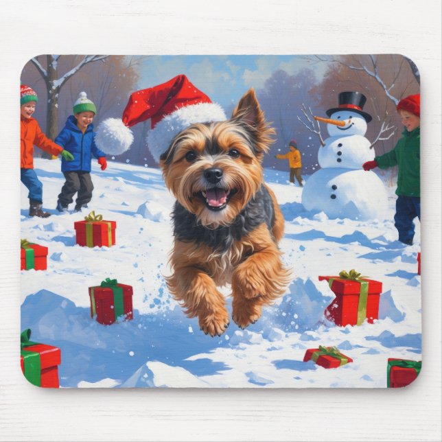 Tibetan Terrier Running in Snow with Christmas Hat Mouse Pad (Front)