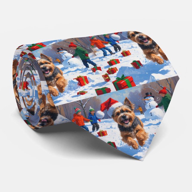Tibetan Terrier Running in Snow with Christmas Hat Neck Tie (Rolled)