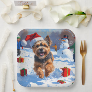 Tibetan Terrier Running in Snow with Christmas Hat Paper Plates