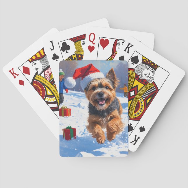 Tibetan Terrier Running in Snow with Christmas Hat Poker Cards (Back)