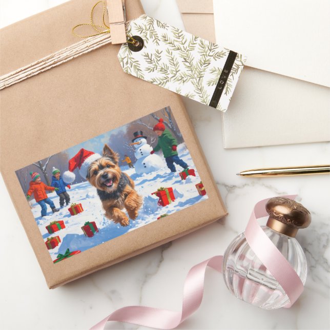 Tibetan Terrier Running in Snow with Christmas Hat Rectangular Sticker (Gifting)